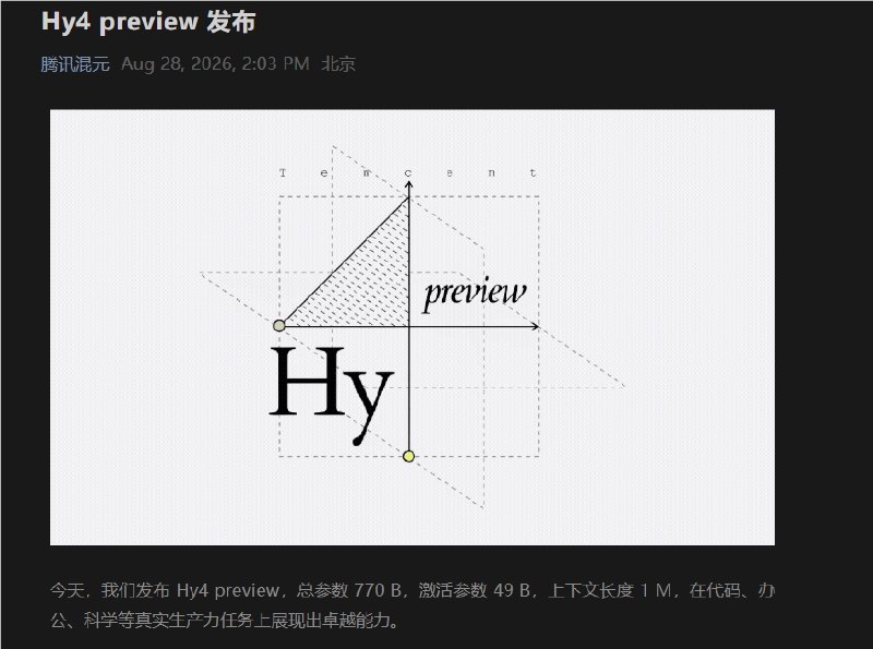 腾讯混元大模型王炸升级:770B旗舰新版Hy4preview震撼开源，直奔开源第一梯队腾讯混元团队今天正式发布全新一代旗舰模型预览版——Hy4preview