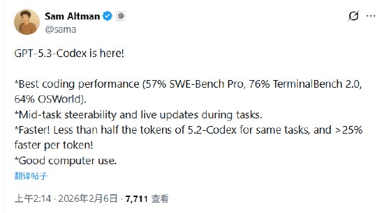 GPT-5.3-Codex 正式发布 编程性能再攀新高OpenAI首席执行官Sam Altman宣布：“GPT-5.3-Codex正式发布！编程性能再攀新高：SWE-Bench Pro评测达57%、TerminalBench 2.0达76%、OSWorld达64%；支持任务中实时调控与动态更新；运行效率跃升：完成同等任务，令牌消耗量较5.2-Codex减少超一半，单令牌处理速度提升超25%；具备成熟的计算机实操能力