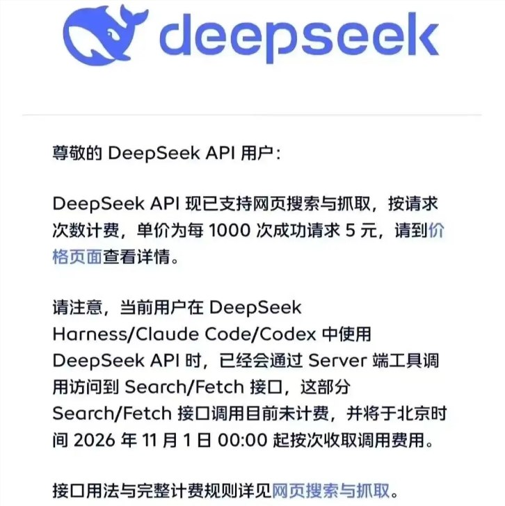 DeepSeek发布API网页搜索与抓取服务:每1000次成功请求收费5元DeepSeek近日正式发布官方公告，宣布其API已全面支持网页搜索与抓取能力，并明确了具体的商业化计费标准