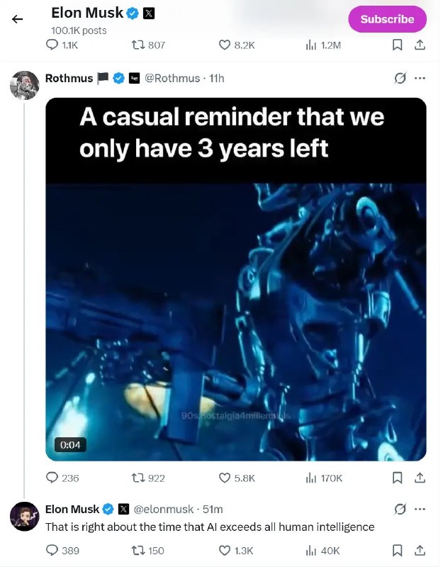 马斯克：人工智能将在3年后超过所有人类智能3月27日，埃隆·马斯克在社交平台X上回复网友发布的视频时表示，人工智能将在3年后超过所有人类智能