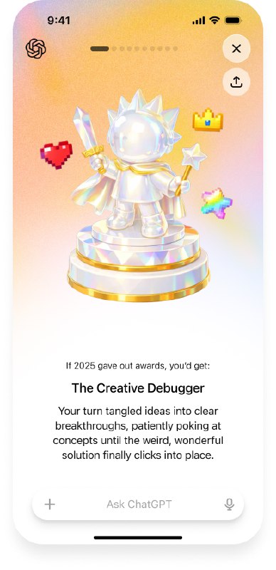 ChatGPT 推出年终回顾功能OpenAI 旗下聊天机器人 ChatGPT 正式上线一项名为“Your Year with ChatGPT”（你的 ChatGPT 年度回顾）的新功能，为用户提供年终使用总结体验