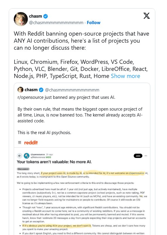 Reddit开源子版块颁布AI禁令，全面封杀人工智能相关项目Reddit社区的r/opensource子版块版主Wolvereness于2026年10月25日宣布实施一项重大规则调整，全面禁止在开源项目中引入人工智能及AI生成内容