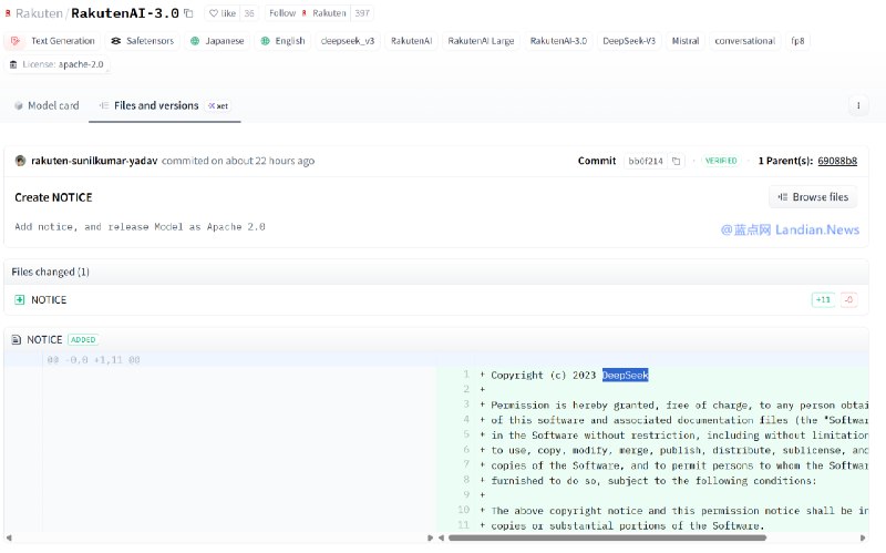 日本乐天AI模型被网友发现违规删除DeepSeek开源许可证 现已重新补上昨天乐天集团宣布推出日本规模最大的人工智能模型：乐天 AI 3.0 版，不过该模型发布后很快就被日本网友发现是基于深度求索的 DeepSeek-V3 模型训练的