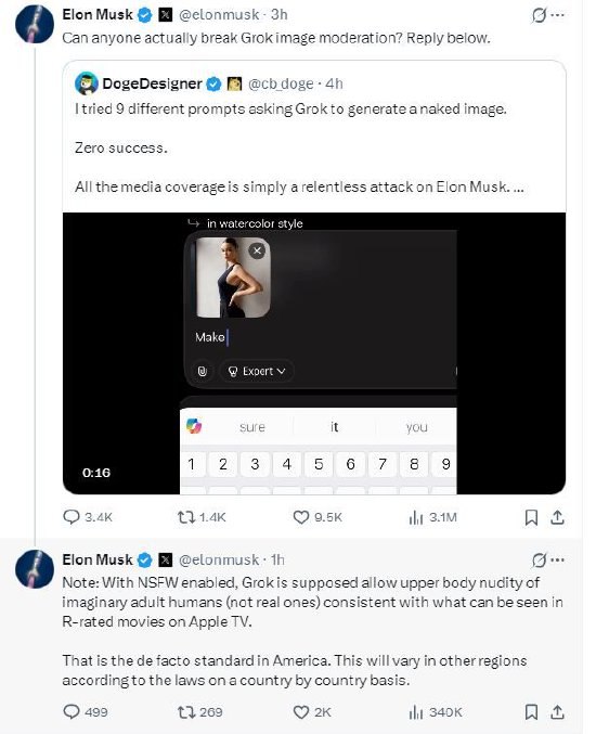 马斯克回应Grok色情图片争议：不会生成违法内容马斯克周三否认其备受争议的人工智能聊天机器人Grok曾生成过任何非法或“任何未成年人裸体图像”