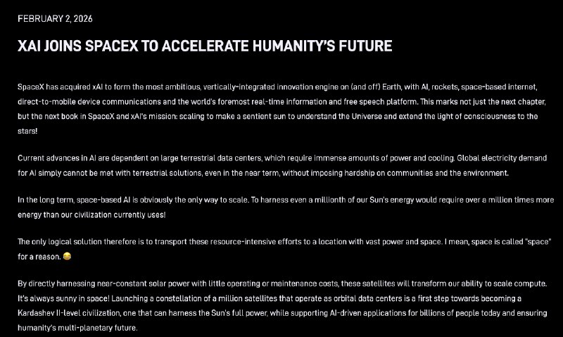 马斯克宣布整合商业帝国：SpaceX收购xAI 总估值达1.25万亿美元2月3日，据彭博社报道，埃隆·马斯克(Elon Musk)计划将旗下SpaceX与xAI合并，这笔交易旨在实现这位亿万富翁主宰AI和太空探索领域日益昂贵的雄心