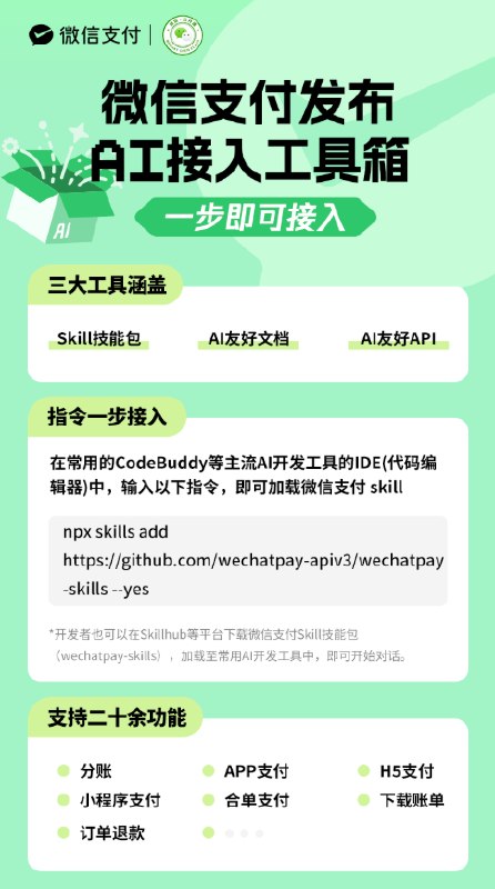 一句话变收款神器：微信支付 AI 接入工具箱正式上线微信支付官方近日发布了一套专为商家与开发者打造的 AI 原生接入工具，旨在消除支付功能集成的技术门槛