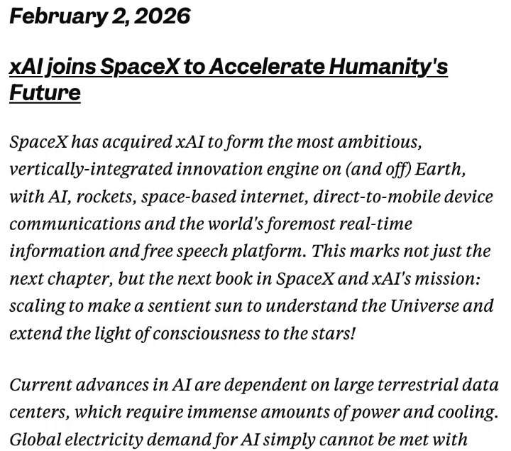 马斯克商业帝国大整合：SpaceX 正式收购 xAI，开启天基 AI 算力新时代埃隆·马斯克正式宣布 SpaceX 收购 xAI，将其旗下的两大航天与人工智能巨头进行战略整合