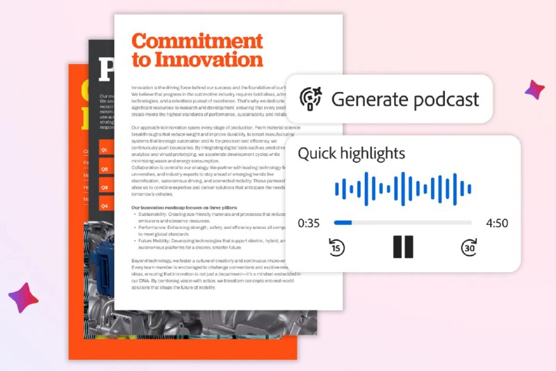 Adobe推出Acrobat Studio 借助AI把PDF变成播客与演示文稿Adobe 近日为 Acrobat 引入一系列全新的生成式 AI 功能，旨在帮助用户快速编辑 PDF 文档，并将其内容转化为音频和可视化摘要