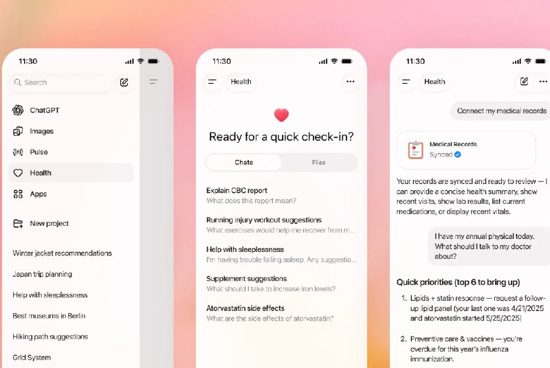 OpenAI 推出 ChatGPT Health 鼓励用户接入个人病历OpenAI 正式发布一款以健康场景为核心的新产品 ChatGPT Health，将其定位为用户在人工智能辅助下获取健康与医疗相关信息的“医疗盟友”