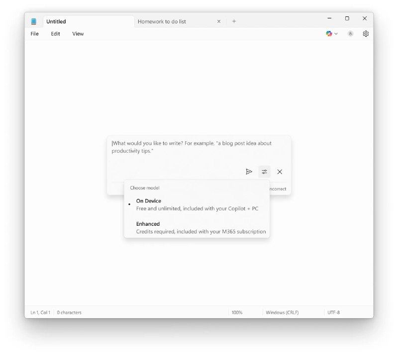 微软在Windows 11记事本上带来本地AI模型支持 可以生成/重写/总结文本等到目前为止 Windows 11 记事本应用提供的 AI 功能均需要调用云端模型，也就是使用 Microsoft Copilot AI 进行操作，当然这还存在使用限制而不是可以无限次调用 AI 模型