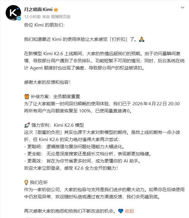 新一代 Kimi K2.6 上线遭遇功能问题，月之暗面重置用户额度作为补偿4月22日，@月之暗面 Kimi 发布了一则公告，针对近期新模型 Kimi K2.6上线期间出现的功能异常，表示将对所有用户进行额度重置作为补偿