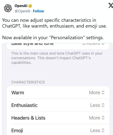 ChatGPT可手动“调温”了！OpenAI上线热情度滑块，用户可自定义AI的“情绪浓度”继11月推出“专业”“坦诚”“古灵精怪”等预设人格后，OpenAI再次细化ChatGPT的交互体验——用户 now 可直接调节AI的“热情度”（enthusiasm level），包括温暖程度、兴奋感与表情符号使用频率
