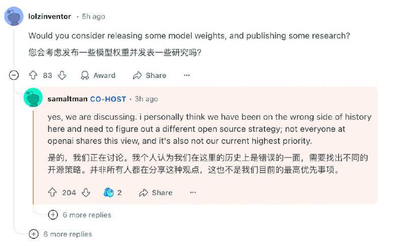 ↩️🖼 Sam Altman罕见承认OpenAI过去在开源方面一直站在“历史错误的一边” 在o3mini正式推出之时，Sam Altman携一众高管在reddit回答网友问题时，罕见承认Op...Yummy 😋:OpenAI上架推理模型o3-mini，首向免费用户开放推理，设努力程度分级 OpenAI正式推出了全新推理模型o3-mini，并首次向免费用户开放推理模型