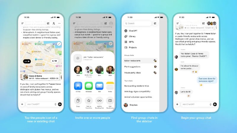 ChatGPT在全球推出群组聊天功能OpenAI 近日宣布，其 ChatGPT 聊天机器人现已面向全球所有用户（包括免费、Go、Plus 和 Pro 计划）开放群聊功能
