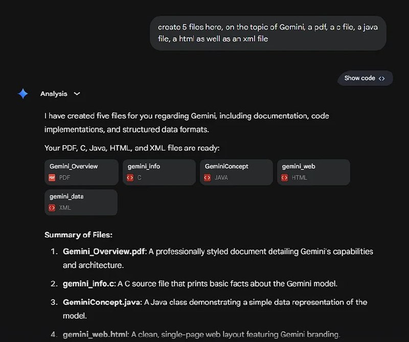 Gemini 新增聊天内直接生成可下载文件功能Google 宣布 Gemini 用户现可直接在对话中请求生成并打包可下载文件，支持 Word 文档、HTML、PDF、XML、Java 等多种格式，但暂不支持透明 PNG