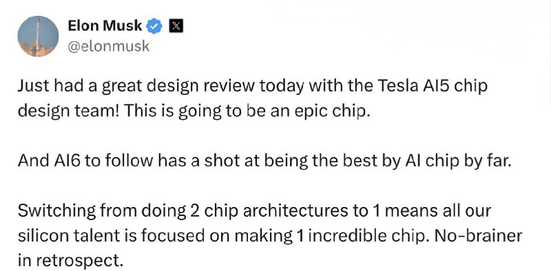 马斯克：特斯拉AI5芯片将成“史诗级”产品9月7日，特斯拉CEO埃隆•马斯克在社交媒体发帖透露，刚和特斯拉AI5芯片设计团队完成一场非常出色的设计评审，称这款芯片将成为“史诗级”产品，他还预测下一代的AI6芯片有望成为迄今为止最出色的AI芯片