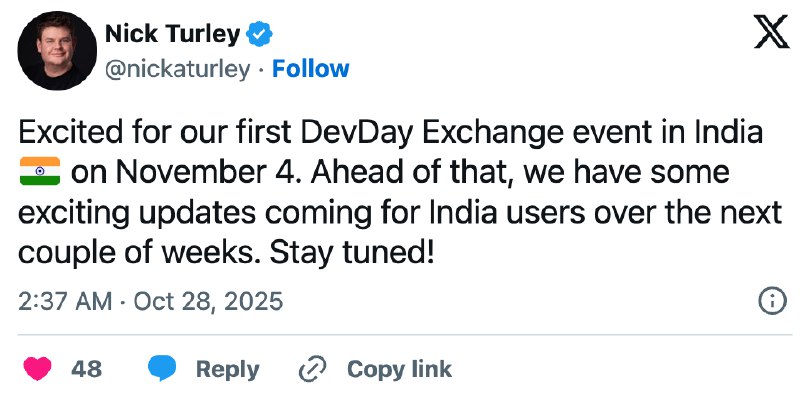 OpenAI为印度所有用户提供为期一年的免费ChatGPT Go服务OpenAI宣布，自11月4日起，所有印度用户均可免费使用ChatGPT Go计划一年，现有ChatGPT Go订阅用户也将自动享受12个月免费服务