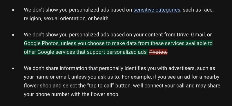 Google隐私政策新增例外：连接Gmail、照片等数据或影响个性化广告Google更新隐私政策，明确说明：Gmail、云端硬盘和Google相册中的内容默认不会用于个性化广告，但如果用户选择把这些服务中的数据开放给支持个性化广告的其他Google服务，这项排除规则就有例外