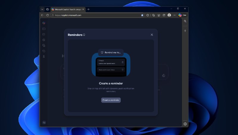 微软Copilot测试新提醒功能 面向所有移动端用户据科技媒体Windows Latest报道，微软Copilot正在测试一项名为“提醒（Reminders）”的新功能
