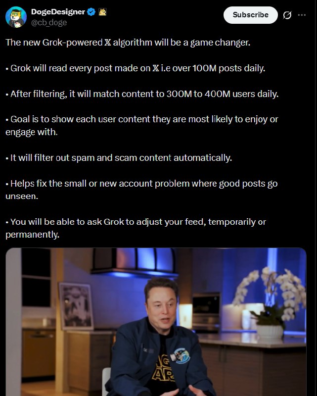 Grok全面接管𝕏算法！每日分析超1亿帖子，彻底颠覆你的信息流体验近日，社交平台𝕏（原Twitter）正式迎来算法体系的革命性升级:由xAI开发的Grok大模型已全面驱动平台推荐系统