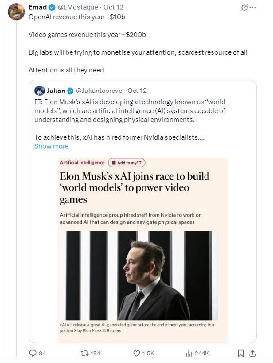 马斯克回应xAI开发AI游戏：赚钱是次要的，主要是我喜欢玩游戏一位X用户分享了有关马斯克的人工智能初创公司xAI聘请前英伟达专家开发“世界模型”，并计划将这一技术首先应用于游戏领域的报道