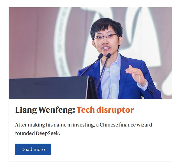 《自然》2025年度十大科学人物发布 DeepSeek创始人梁文锋入选日前，国际权威期刊《自然（Nature）》发布2025年度十大科学人物榜单，中国人工智能企业深度求索（DeepSeek）创始人梁文锋和中国科学院深海科学家杜梦然入选