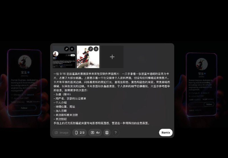 未来风社交界面 X 宝玉生成方法和提示词Sora 或者 ChatGPT一张 X 账号截图 和 头像照片（可选）不是很稳定，中文支持不好，需要多次抽卡----提示词开始----一张 9:16 竖版逼真的赛博美学未来社交软件界面照片：一只手拿着一张竖直半透明的亚克力卡片，占据了大部分画面