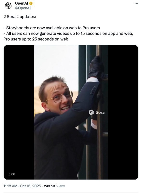 ↩️🖼 🤖 OpenAI 宣布 Sora 2 更新：新增故事板功能并延长视频生成时长科技圈🎗在花频道📮:🤖 Google 发布 Veo 3.1 AI 视频生成器，挑战 OpenAI Sora 2 Google 今日发布 Veo 3.1，新增了全场景音频功能，包括对话、环境音和音效同步生成