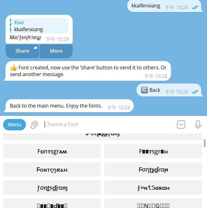 🤖 机器人名称：Fontgram⭐️ 机器人功能：艺术字📁 机器人简介：一款可以生成艺术字的telegram机器人