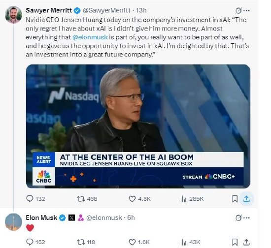 黄仁勋称马斯克邀请其投资xAI：“我唯一的遗憾是没有投更多”英伟达CEO黄仁勋周三在一次采访中谈到了该公司对xAI的投资，并称赞了亿万富翁埃隆·马斯克