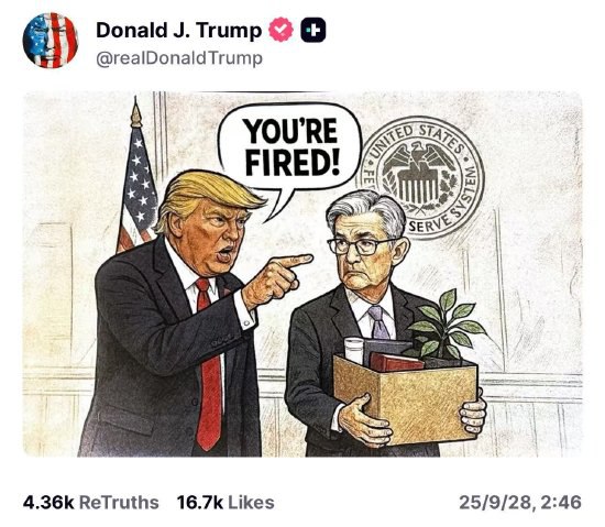 特朗普发布描绘自己解雇美联储主席鲍威尔的卡通图片美国总统特朗普于周六发布了一张描绘自己解雇美联储主席杰罗姆・鲍威尔的卡通图片