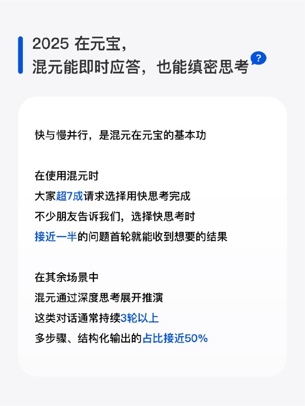 元宝 X 混元2025 年度报告发布：超7成用户请求选择快思考模式日前，元宝官方整理了2025年在元宝上使用混元大模型的报告，“元宝” 平台依托混元系列模型，实现了 AI 能力的多维度升级