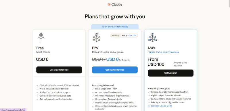 Claude Pro对使用企业邮箱注册的新用户推出免费使用1个月的优惠政策