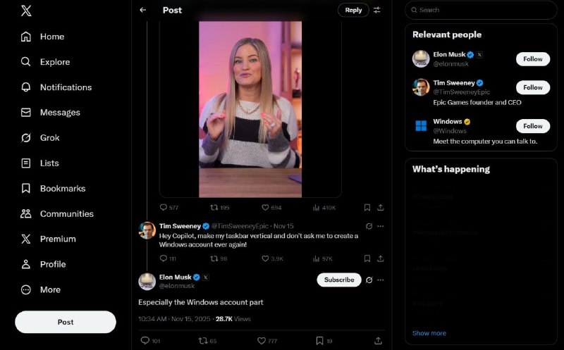 Epic CEO怒批Windows 11：任务栏不能动、账户强制登 马斯克深表赞同Epic Games CEO Tim Sweeney日前在微软的一则Copilot广告下方公开炮轰Windows 11，抨击其移除任务栏自定义功能、强制用户使用微软账户等做法