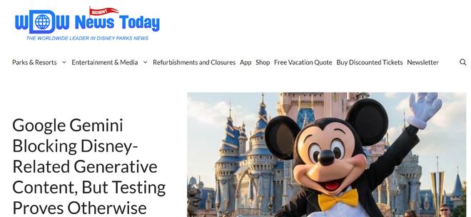 迪士尼维权后 Google Gemini停止生成迪士尼角色内容据WDW News Today报道，因遭迪士尼指控知识产权侵权，谷歌旗下AI产品已开始拒绝生成迪士尼相关角色内容