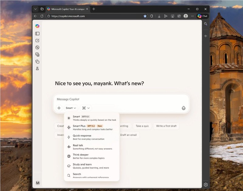 微软 Copilot 全线升级 GPT-5.2，免费开启“专家级”工作流新时代| 微软今日宣布正式向网页、Windows 及移动端用户推送 OpenAI 迄今为止最强大的模型系列——GPT-5.2