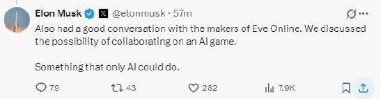 马斯克称与《星战前夜》开发商讨论合作开发AI游戏马斯克周二在X上发帖透露，他正与《星战前夜》开发商讨论合作开发AI游戏