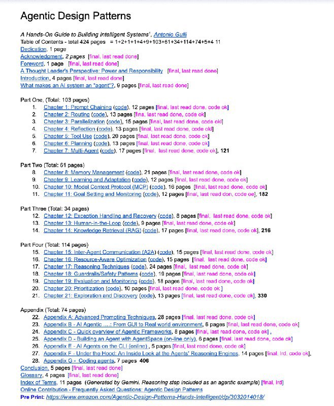 👉 名称：Agentic Design Patterns🤖 类型：👀资料👏 介绍：《Agentic Design Patterns》是由 Antonio Gulli 撰写的一本关于构建智能系统的实用指南，本书详细介绍了智能体的设计模式，包括如何通过提示链（Prompt Chaining）、路由（Routing）、并行化（Parallelization）、反射（Reflection）、工具使用（Tool Use）、规划（Planning）和多智能体系统（Multi-Agent）等技术来构建智能系统
