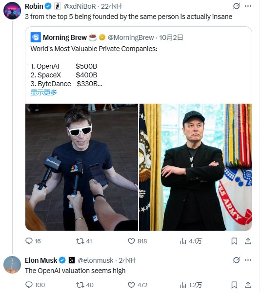 马斯克称OpenAI估值过高商业媒体平台Morning Brew的官方账号在X上分享了全球最具价值的十大非上市公司榜单，OpenAI高居第一，估值达5000亿美元