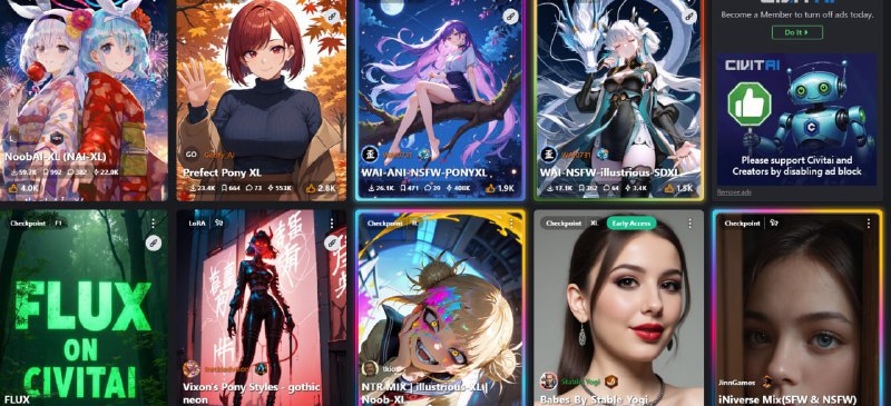 🆔 网站名称：Civitai⭐ 网站功能：AI绘图、AI视频📁 网站简介：一个开源的AI绘图工具，可以在该平台上访问数千种高质量的Stable Diffusion和Flux模型，分享他们生成的艺术作品