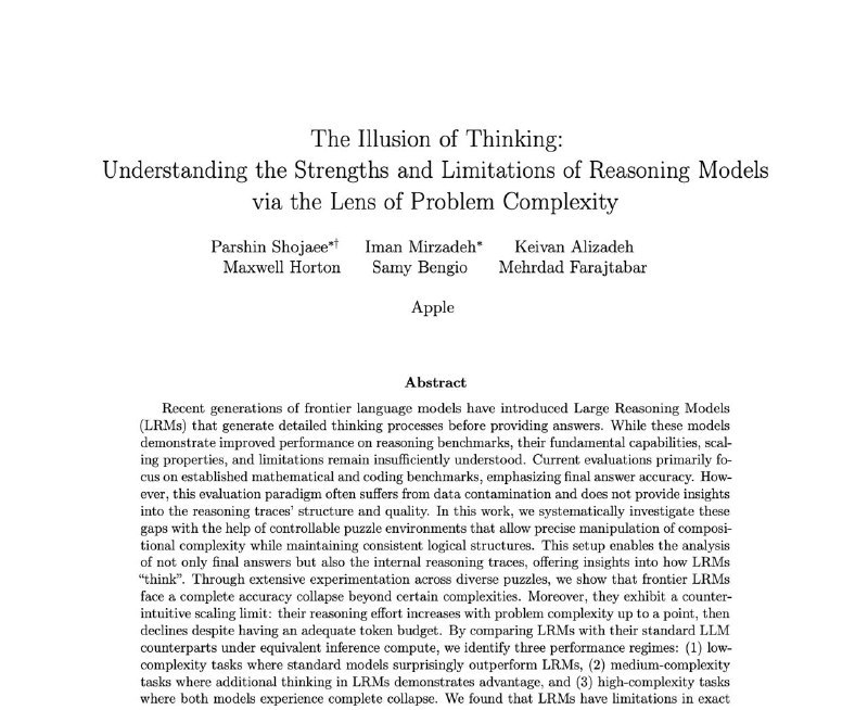 思维幻象 —— AI推理模型能力深度揭示🧠 最近读到一份来自Apple团队的研究，专门分析了当前最前沿的大型推理模型（LRMs）在复杂推理任务中的真实表现