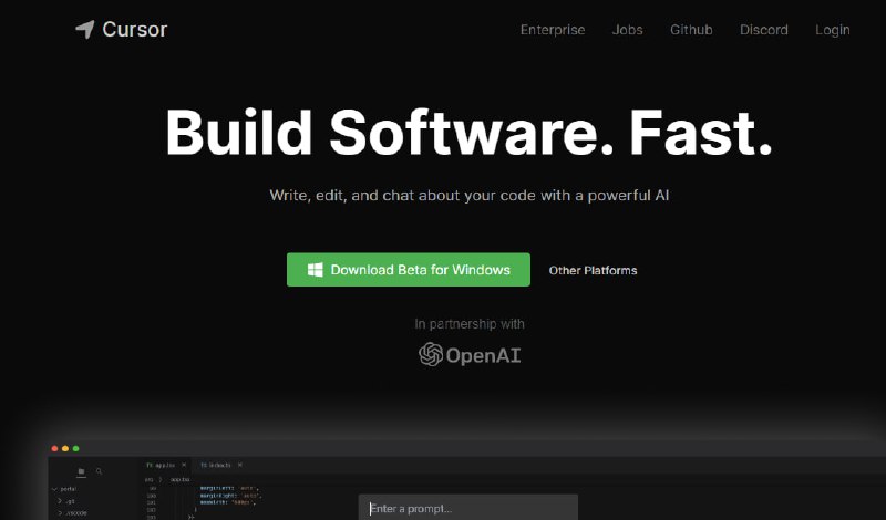 Cursor：基于OpenAI GPT4的代码编辑器Cursor.so与OpenAI有合作关系，其同名软件Cursor是一款与OpenAI合作并且基于GPT4的新一代编辑器